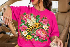 Floral Bee PNG with Pink Flowers and Gingham Leaves Product Image 1