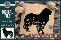 Floral Bernese Mountain Dog SVG Digital Files features a Bernese dog silhouette with wildflowers inside it.