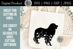 Floral Bernese Mountain Dog silhouette with flowers shown on a canvas tote bag.   design features a bernese mountain dog with flowers inside the silhouette
