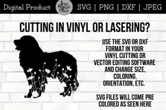 Floral Bernese Mountain SVG Digital Files features wildflowers inside a bernese dog silhouette.  Directions given for cutting SVG and DXF in vinyl