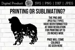Floral Bernese Mountain Dog SVG Digital Files features wildflowers inside a bernese dog silhouette.  Directions given for using PNG and JPEG in printing or sublimating projects