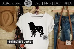 Floral Bernese Mountain Dog silhouette with flowers shown on a womens white shirt with country or western clothing around it.  design features a bernese mountain dog with flowers inside the silhouette