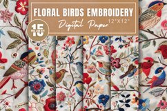 Floral Birds Embroidery Digital Paper Bundle Product Image 1
