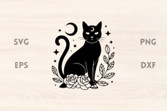 Black Cat with Rose branch and moon SVG Product Image 1