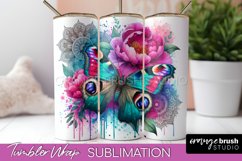 Butterflies and Flowers Tumbler Wrap, Tropical Tumbler PNG Product Image 1