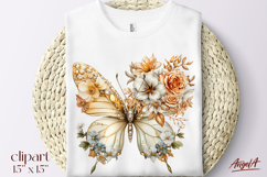 Floral butterfly clipart, gold butterfly with flowers PNG Product Image 1