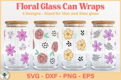Four floral glass wraps being shown on 16oz can glasses