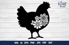 Chicken SVG Silhouette Design with Flowers for T-shirts, Bags, Pillows, Decals, Porch Signs. Beautiful Floral Design with Chicken for Cricut and Silhouette