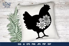 Chicken SVG Silhouette Design with Flowers for T-shirts, Bags, Pillows, Decals, Porch Signs. Beautiful Floral Design with Chicken for Cricut and Silhouette