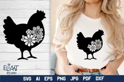 Chicken SVG Silhouette Design with Flowers for T-shirts, Bags, Pillows, Decals, Porch Signs. Beautiful Floral Design with Chicken for Cricut and Silhouette