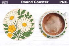 Daisies Floral Round Coaster | Vintage Flowers Car Coaster Product Image 1