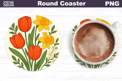 Tulip Daffodil Round Coaster | Vintage Flowers Car Coaster Product Image 1