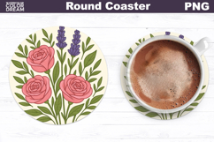 Pink Roses Round Coaster | Vintage Flowers Car Coaster Product Image 1