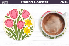 Tulip Daffodil Round Coaster | Vintage Flowers Car Coaster Product Image 1