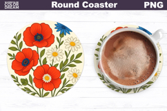 Poppy Round Coaster | Vintage Flowers Car Coaster Product Image 1