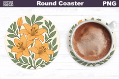 Yellow Lily Round Coaster | Vintage Flowers Car Coaster Product Image 1