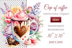 Experience the enchantment of Floral Coffee Love with watercolor clipart set! Each illustration features a coffee cup, hearts, and chocolate set against stunning florals. Perfect for adding romance to your designs. Enjoy the blend of coffee and flowers!