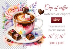 Experience the enchantment of Floral Coffee Love with watercolor clipart set! Each illustration features a coffee cup, hearts, and chocolate set against stunning florals. Perfect for adding romance to your designs. Enjoy the blend of coffee and flowers!