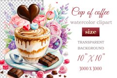 Experience the enchantment of Floral Coffee Love with watercolor clipart set! Each illustration features a coffee cup, hearts, and chocolate set against stunning florals. Perfect for adding romance to your designs. Enjoy the blend of coffee and flowers!