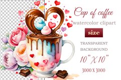 Experience the enchantment of Floral Coffee Love with watercolor clipart set! Each illustration features a coffee cup, hearts, and chocolate set against stunning florals. Perfect for adding romance to your designs. Enjoy the blend of coffee and flowers!