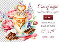 Experience the enchantment of Floral Coffee Love with watercolor clipart set! Each illustration features a coffee cup, hearts, and chocolate set against stunning florals. Perfect for adding romance to your designs. Enjoy the blend of coffee and flowers!