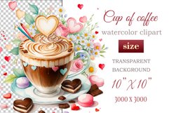 Experience the enchantment of Floral Coffee Love with watercolor clipart set! Each illustration features a coffee cup, hearts, and chocolate set against stunning florals. Perfect for adding romance to your designs. Enjoy the blend of coffee and flowers!