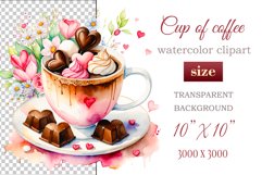 Experience the enchantment of Floral Coffee Love with watercolor clipart set! Each illustration features a coffee cup, hearts, and chocolate set against stunning florals. Perfect for adding romance to your designs. Enjoy the blend of coffee and flowers!