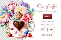 Experience the enchantment of Floral Coffee Love with watercolor clipart set! Each illustration features a coffee cup, hearts, and chocolate set against stunning florals. Perfect for adding romance to your designs. Enjoy the blend of coffee and flowers!