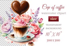 Experience the enchantment of Floral Coffee Love with watercolor clipart set! Each illustration features a coffee cup, hearts, and chocolate set against stunning florals. Perfect for adding romance to your designs. Enjoy the blend of coffee and flowers!