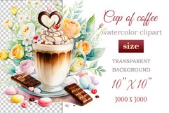 Experience the enchantment of Floral Coffee Love with watercolor clipart set! Each illustration features a coffee cup, hearts, and chocolate set against stunning florals. Perfect for adding romance to your designs. Enjoy the blend of coffee and flowers!