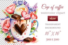 Experience the enchantment of Floral Coffee Love with watercolor clipart set! Each illustration features a coffee cup, hearts, and chocolate set against stunning florals. Perfect for adding romance to your designs. Enjoy the blend of coffee and flowers!