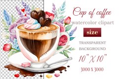 Experience the enchantment of Floral Coffee Love with watercolor clipart set! Each illustration features a coffee cup, hearts, and chocolate set against stunning florals. Perfect for adding romance to your designs. Enjoy the blend of coffee and flowers!