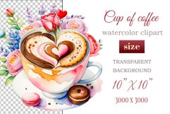 Experience the enchantment of Floral Coffee Love with watercolor clipart set! Each illustration features a coffee cup, hearts, and chocolate set against stunning florals. Perfect for adding romance to your designs. Enjoy the blend of coffee and flowers!