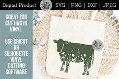 Floral Cow SVG Digital Files features wildflowers inside a cow silhouette.  Example of a finished product is shown; a floral cow silhouette on a canvas tote bag with boho macrame background
