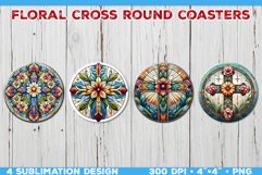 Floral Cross Round Coasters Sublimation Design Template Product Image 1