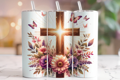 Floral Cross Tumbler PNG Sublimation, Christian Tumbler Wrap Product Image 1