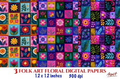 Folk art floral digital paper Hand drawn flower patches Product Image 1