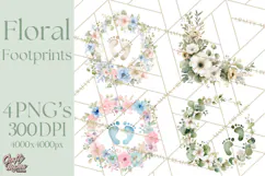 Baby Shower Clipart, Floral Baby Footprints Clipart Png Product Image 1