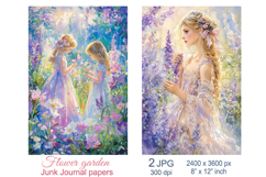 Girl in garden flowers scrapbook papers, Junk Journal pages Product Image 1