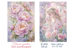 Girl in Peony flowers scrapbook papers, Junk Journal pages Product Image 1