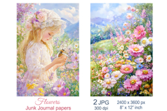 Girl in flowers garden scrapbook papers, Junk Journal pages Product Image 1