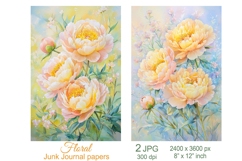 Peony flowers scrapbook papers, Floral Junk Journal pages Product Image 1