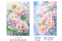 Peony flowers scrapbook papers, Floral Junk Journal pages Product Image 1