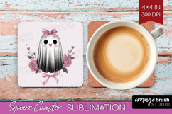 Floral Ghost Cute Square Coaster Pink Halloween Coaster PNG Product Image 1