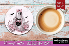 Floral Ghost Cute Round Coaster Pink Halloween Coaster PNG Product Image 1