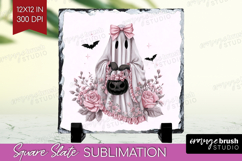Floral Ghost Cute Slate PNG Pink Halloween Square Slate Product Image 1