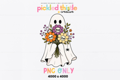 Cute white ghost holding a bouquet of colorful flowers with skull centers. Features orange, purple, and cream blooms with greenery and a small black spider.