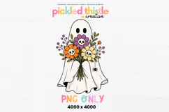 Cute white ghost holding a bouquet of colorful flowers with skull centers. Features orange, purple, and cream blooms with greenery and a small black spider.