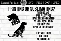 Floral Golden Retriever SVG Digital Files features two different golden retriever designs with wildflowers inside the dog silhouette.  Directions given for using PNG for printing or sublimating projects