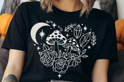 Floral Heart with Mushrooms Moon and Crystals on black shirt